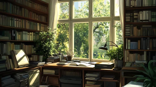 Sunlit study workspace shows bookshelves, desk, and window