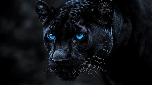 Black Panther with Piercing Blue Eyes in Darkness