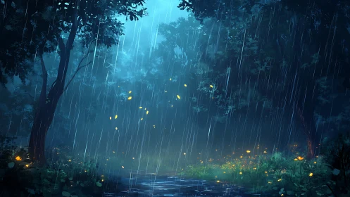 Bioluminescent Rain Through Ancient Forest Canopy.