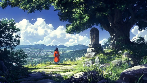 Anime landscape tableau with cloaked figure and hillside shrine.