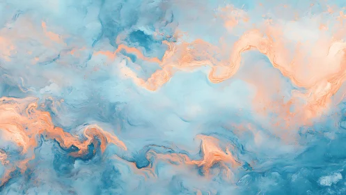 Soft swirling sky of blue and peachy daydream clouds.