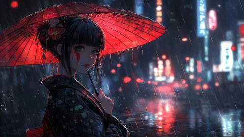 Woman holds red umbrella in rainy neon-lit urban street