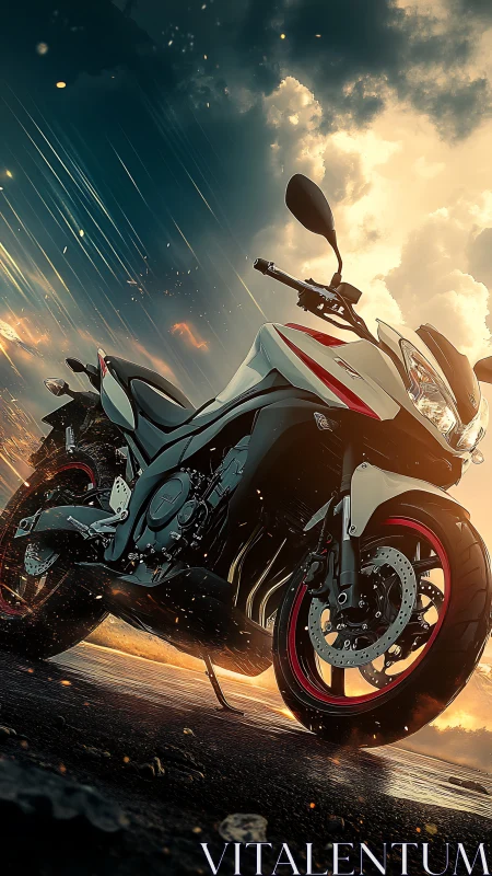 Storm-chasing sportbike crowned in molten sunset sparks.