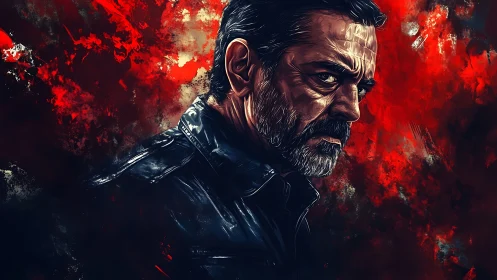 Brooding bearded man in leather against abstract red blaze.