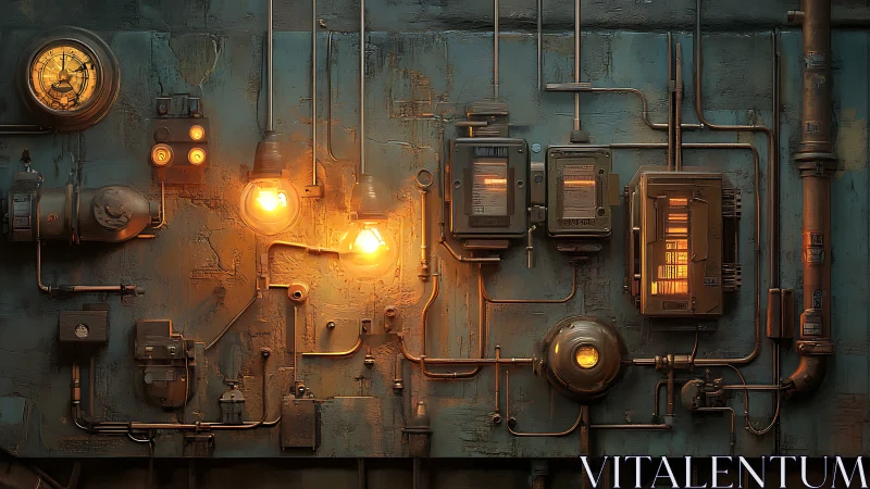 Industrial control wall glows with warm analog gauges