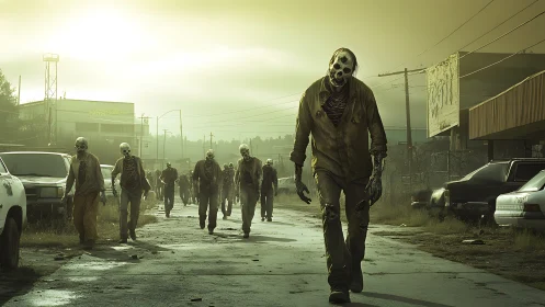 Decomposed zombies advance along desaturated urban roadway at dusk