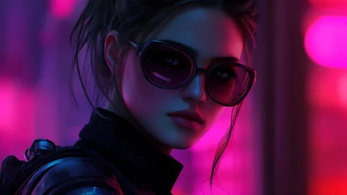 Woman in dark clothing with sunglasses in neon lighting.