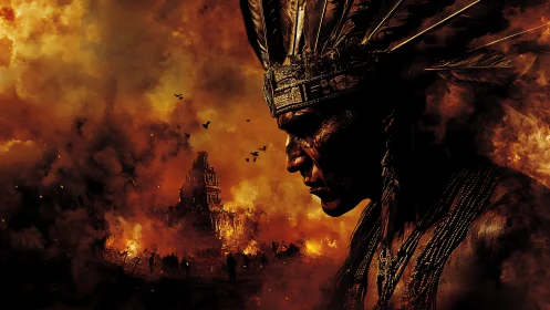 Fiery warrior profile gazes over a burning ancient city