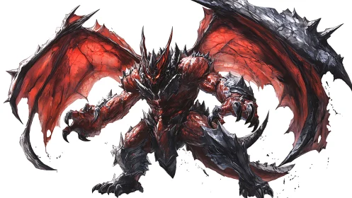 Fierce red demon spreads jagged wings in a dramatic battle stance