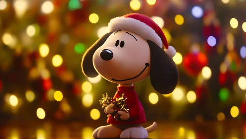 Cartoon dog in Santa hat amid glowing holiday bokeh.