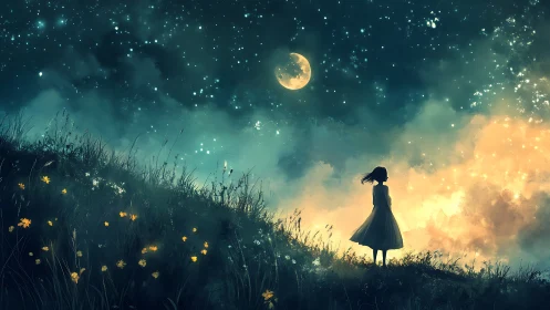Girl in white dress gazes at a glowing moonlit sky