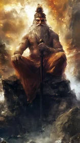 Mythic warrior sage seated on stormlit mountain throne.