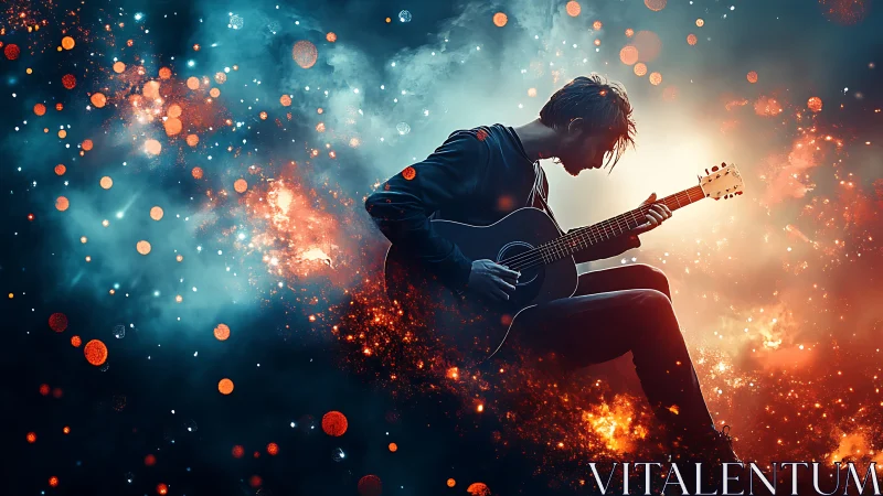 Silhouette guitarist in glowing cosmic light storm scene.