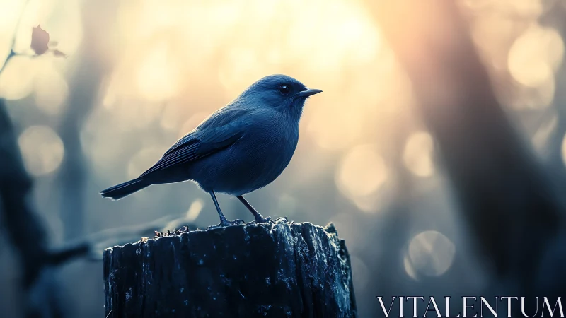 Small Songbird on Tree Stump in Dreamy Forest Light, Soft Focus.