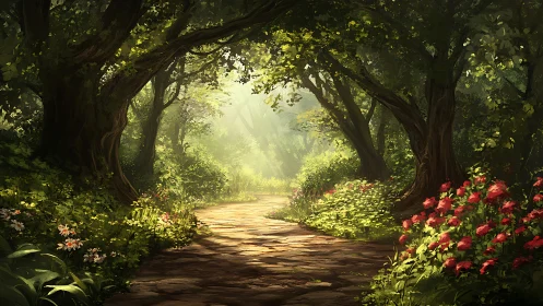 Forest pathway with deciduous trees and flowering ground cover.