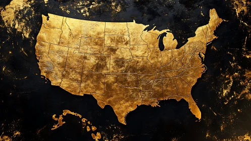 Gilded relief map of the United States on textured black field.