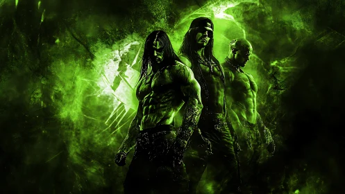 High-contrast green trio in dramatic digital composite staging.