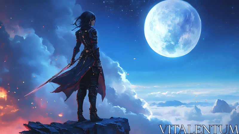 Solitary swordbearer surveys luminous moon above cloud sea
