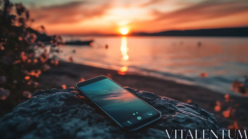 Smartphone rests on seaside rock as vivid sunset glows warmly