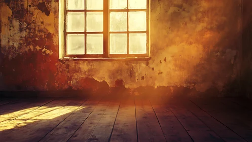 Sunlit quiet room where worn walls glow with golden dust.