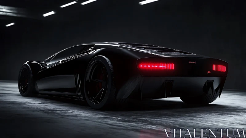 Black supercar in dark garage with illuminated rear lights.