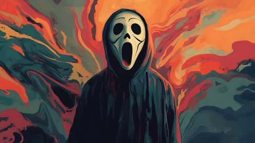 Hooded spectral figure with stylized mask amid swirling chromatic turbulence