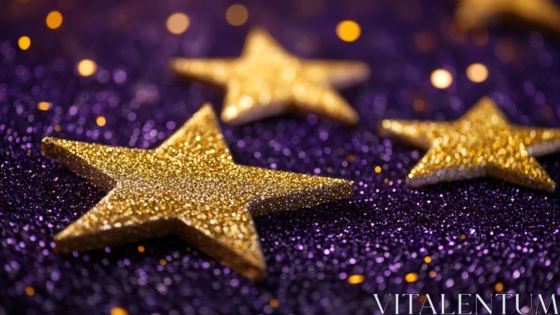 Golden glitter stars glowing on a dreamy purple night.