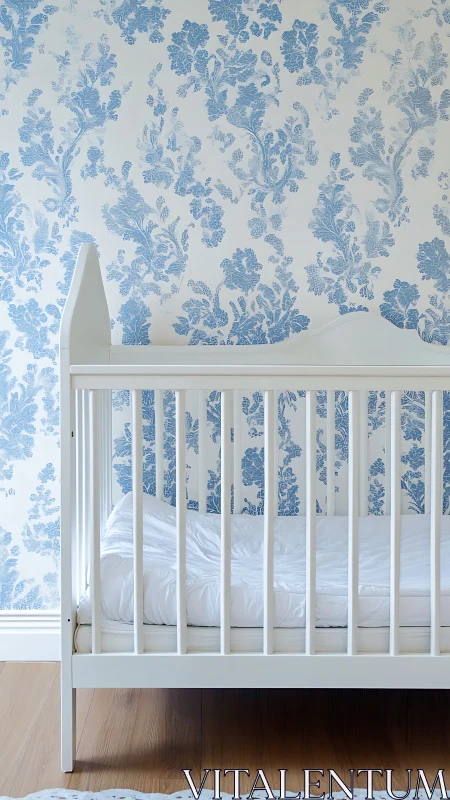 White nursery crib against blue floral toile wallpaper.