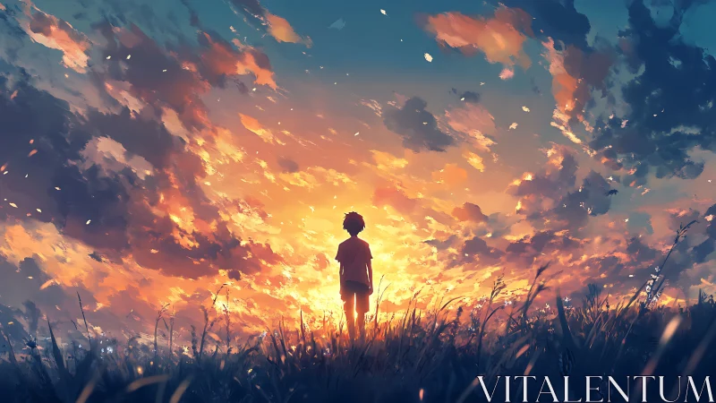 Sunset sky opens gently as a lone child gazes toward hope