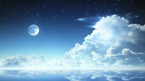 Moonlit clouds reflect over calm water under starry sky