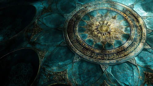 Intricate circular teal ceiling medallion with Arabic script