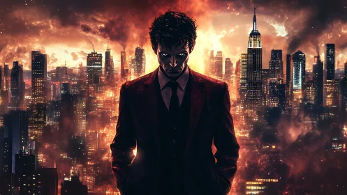 Dark figure stands over a burning neon city in chaos