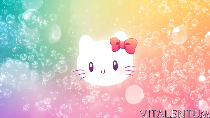 Chromatic bubble field with minimalist feline glyph centerpiece.