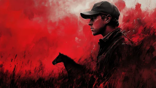 Digital portrait of pensive rider against abstract red field