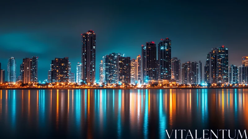 Long-exposure night skyline captures high-rise towers and neon reflections
