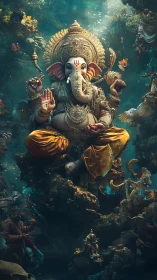 Deity figure with elephant head is depicted seated underwater