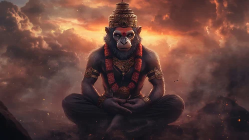 Divine monkey warrior meditates within burning storm clouds