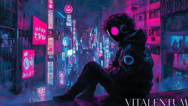 Neon city hum cradles a masked loner in electric solitude