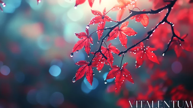 Red maple leaves with water droplets against soft bokeh.