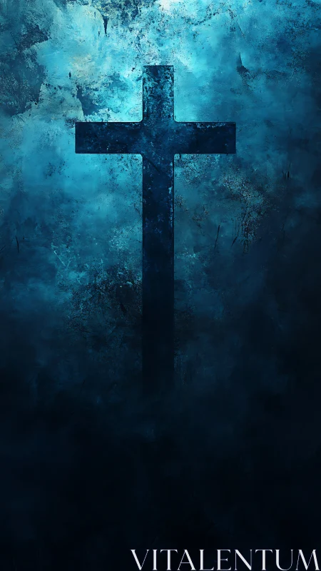 Lone dark cross rises in ethereal blue misted light