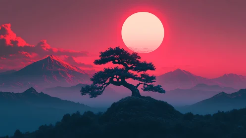 Digital painting of bonsai silhouette against neon sun horizon.