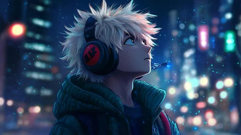 Blond anime boy with headphones in neon city nightscape.