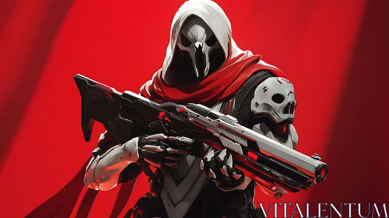 Hooded cyber assassin levels rifle under crimson light.