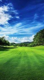 Sunlit golf fairway receding under high-contrast cumulus sky