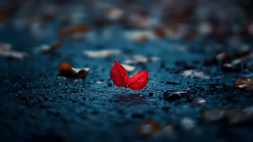 Photorealistic macro of scarlet leaf on wet pavement focus.