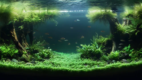 Planted freshwater aquascape with small schooling fish.
