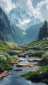 Snowbound alpine massif with meadow stream in axial perspective.