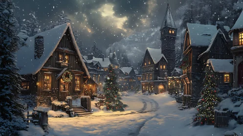 Snow covered village street shows illuminated Christmas decorations