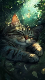 Serene Cat Basking in Enchanted Woodland Light.