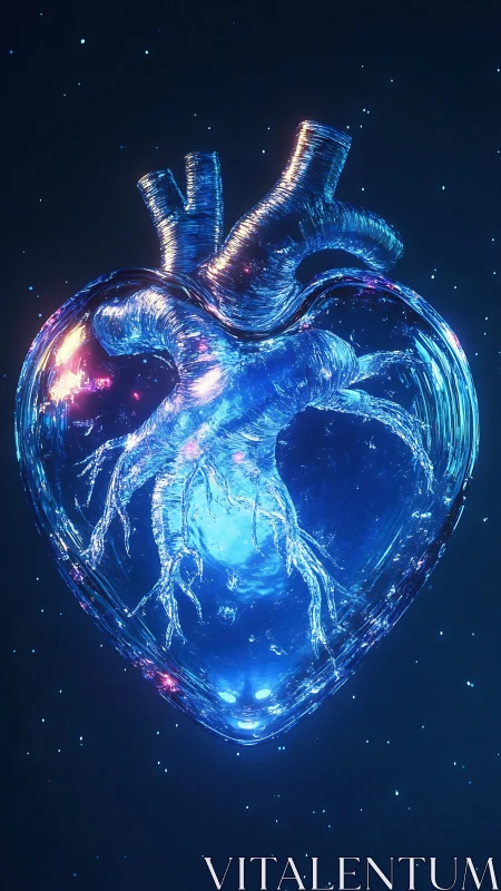 Translucent anatomical heart rendered in luminous blue glass